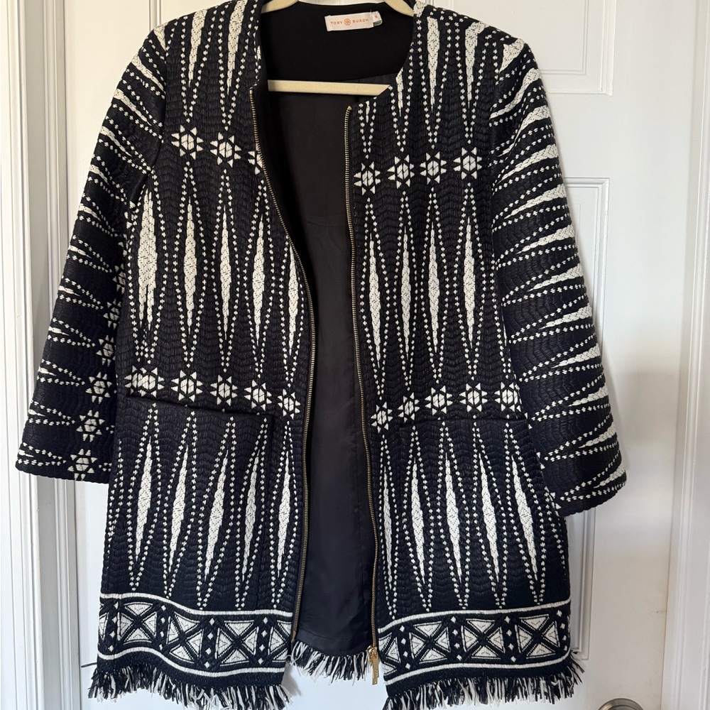 Tory Burch Black and White Patterned Thigh Length Jacket / Light Coat